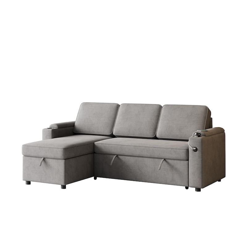 85.8" Sleeper Sectional Sofa with Storage Chaise, Armrest, Charging Port