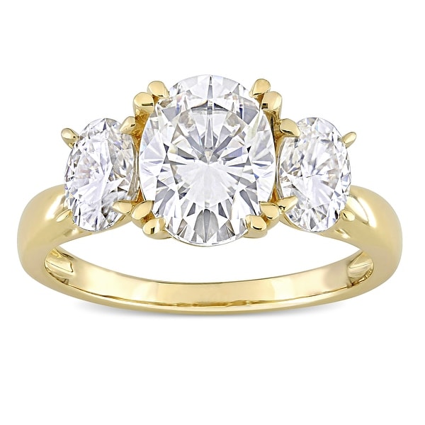 Miadora 10k Yellow Gold 3ct TGW Oval-cut Created White Moissanite 3-Stone Engagement Ring. Opens flyout.