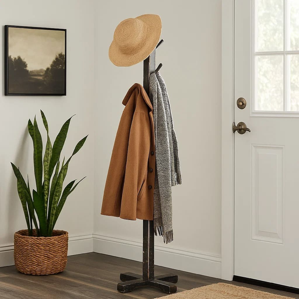 Rena Coat, Hat Rack Stand, 8 Wood Stems, 72 Inch Rustic Black Mahogany
