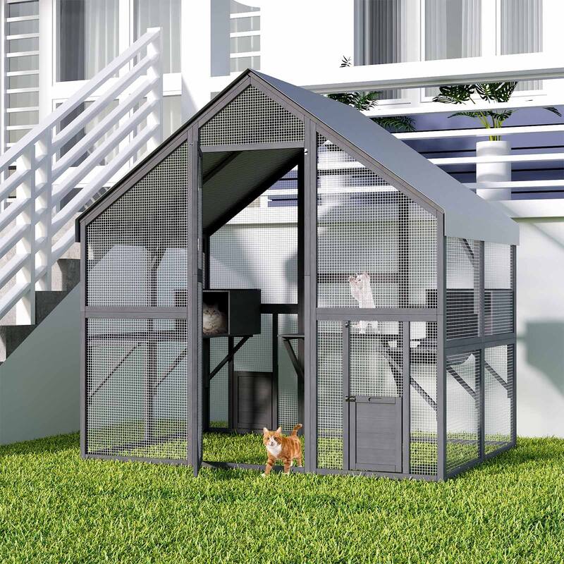 57.2ft² Large Wooden Outdoor Cat House, with 2 Cat Doors, Roof Cover