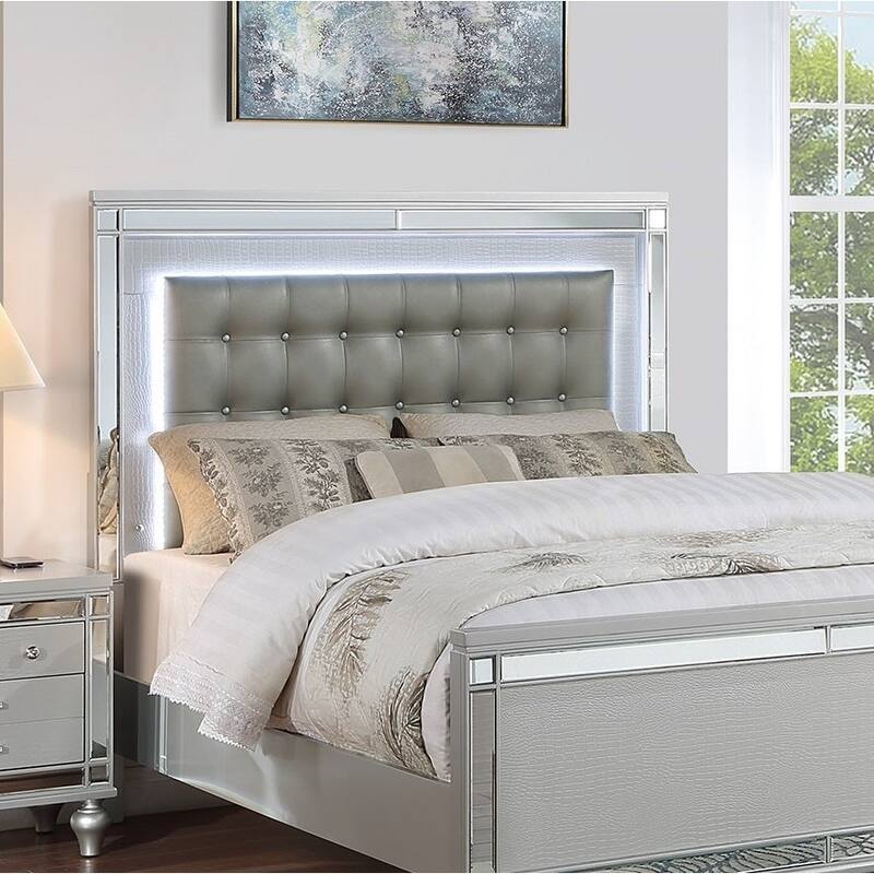 Contemporary Style 1pc Bed Set Button Tufted Headboard Glass Panel Silver Finish