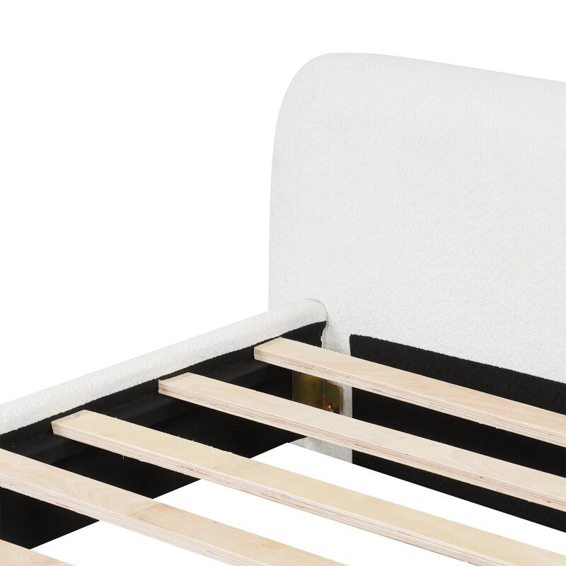 Roomfitters Boucle Upholstered Bed Frame with Birch Wood Slats, Modern Design, White