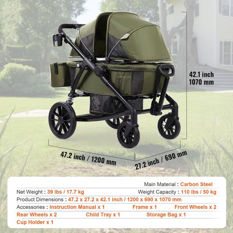 Carbon Steel All-Terrain Stroller Wagon Foldable Twin with Canopy and Tray - 47.2” L x 27.2” W x 42.1” H