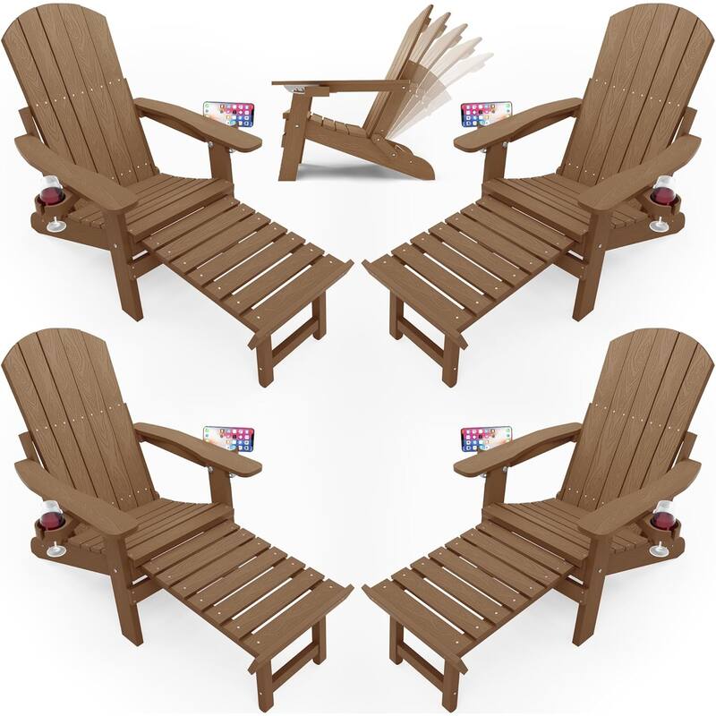WINSOON All Weather HIPS Folding Adirondack Chair 5-Gear Adjustable Backrest Chairs with Retractable Ottoman Set of 4 - Brown