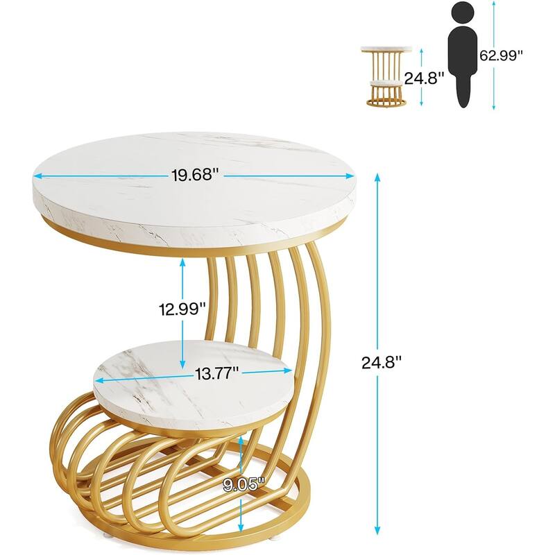 2 Tiers Faux Marble Side Table with Storage Shelf