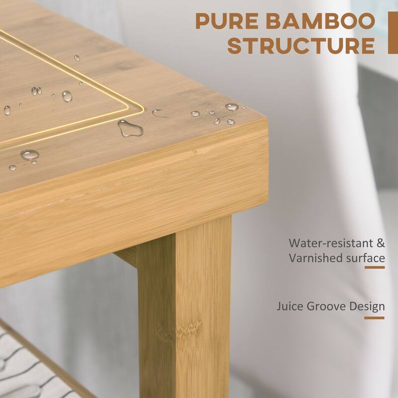 HOMCOM Bamboo Rolling Kitchen Island Trolley Utility Cart with Rolling Wheels, 2 Storage Drawers & Adjustable Shelving