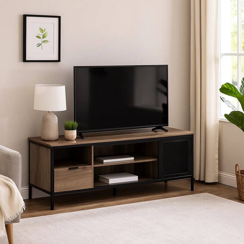 TV Stand with 1 Drawer and Open Compartments, Brown and Black