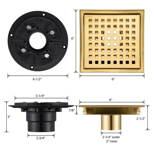dimension image slide 0 of 4, Luxier FD01 6 in. x 6 in. Stainless Steel Square Shower Floor Drain