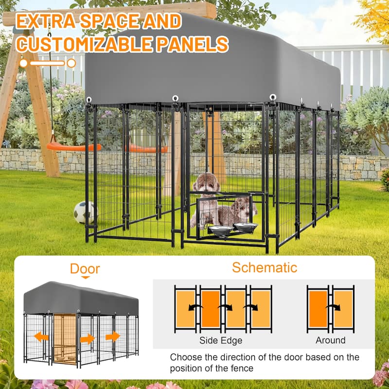 GDFStudio - Large Outdoor Heavy Duty Metal Dog Kennel with Roof, UV-Resistant Waterproof Cover, Double Lock & Rotating Feeder
