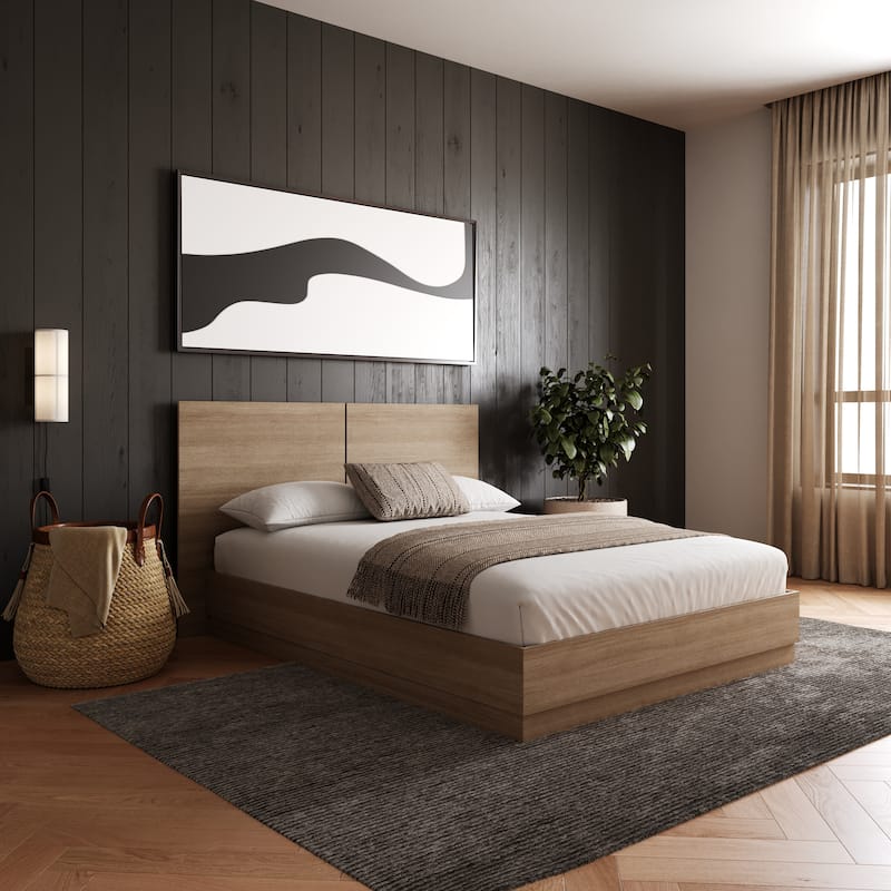 Milano Platform Bed with Headboard - Brown Oak - Queen