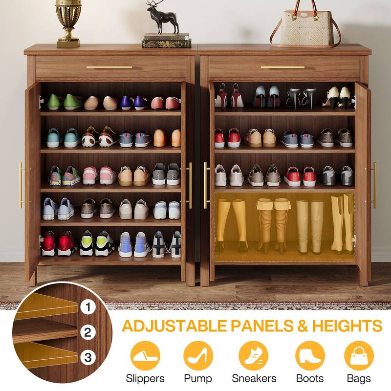 Shoe Cabinet with Louvered Doors & Drawer, Freestanding Wooden Shoe Rack for Entryway