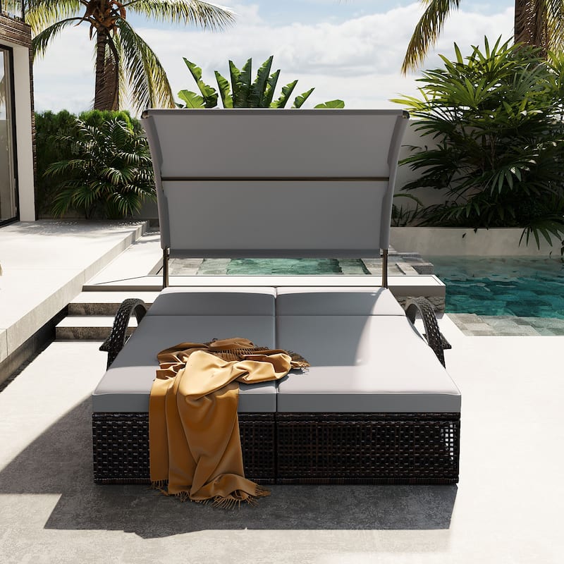 Outdoor Steel Frame Sun Lounger with Adjustable Backrest,Patio Double Sunbed