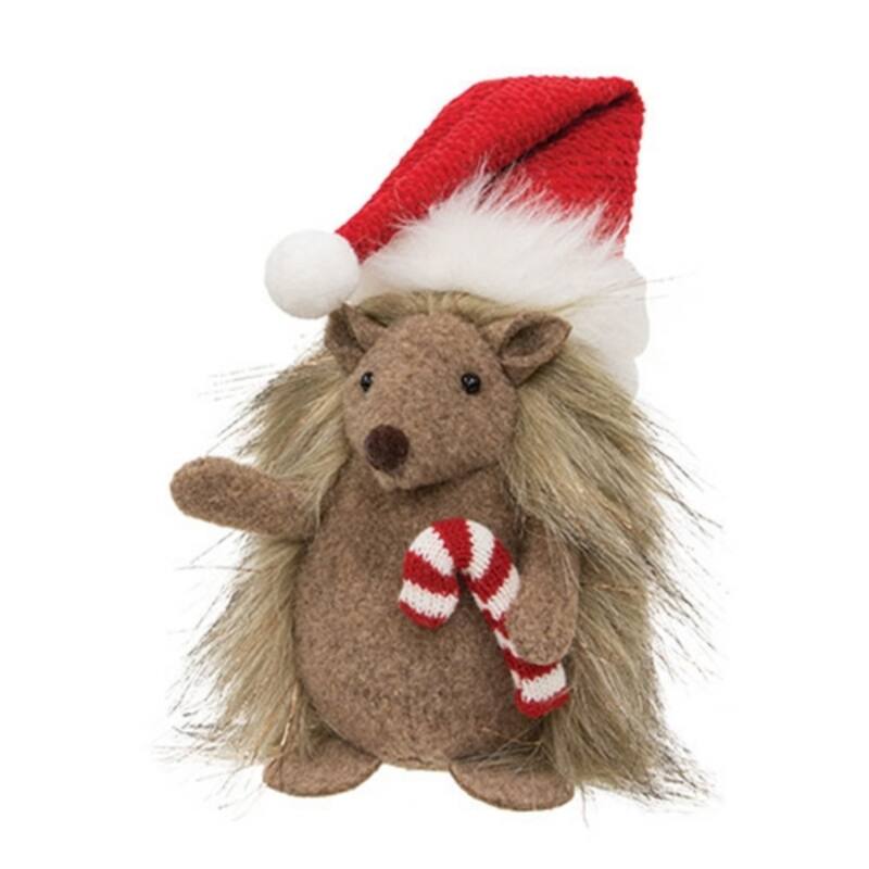 13” Brown Felt Christmas Hedgehog Figurine with Santa Hat and Candy Cane Holiday Decor - 13" H