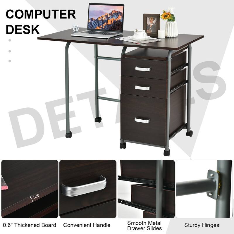 Foldable Computer Desk Laptop Table Wheeled Workstation with 3 Drawers