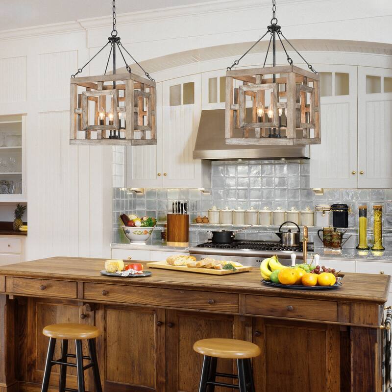 Modern Farmhouse 4-Light Pendant Wood Rustic Square Island Lights - W 13.5" x D 13.5" x H 26"