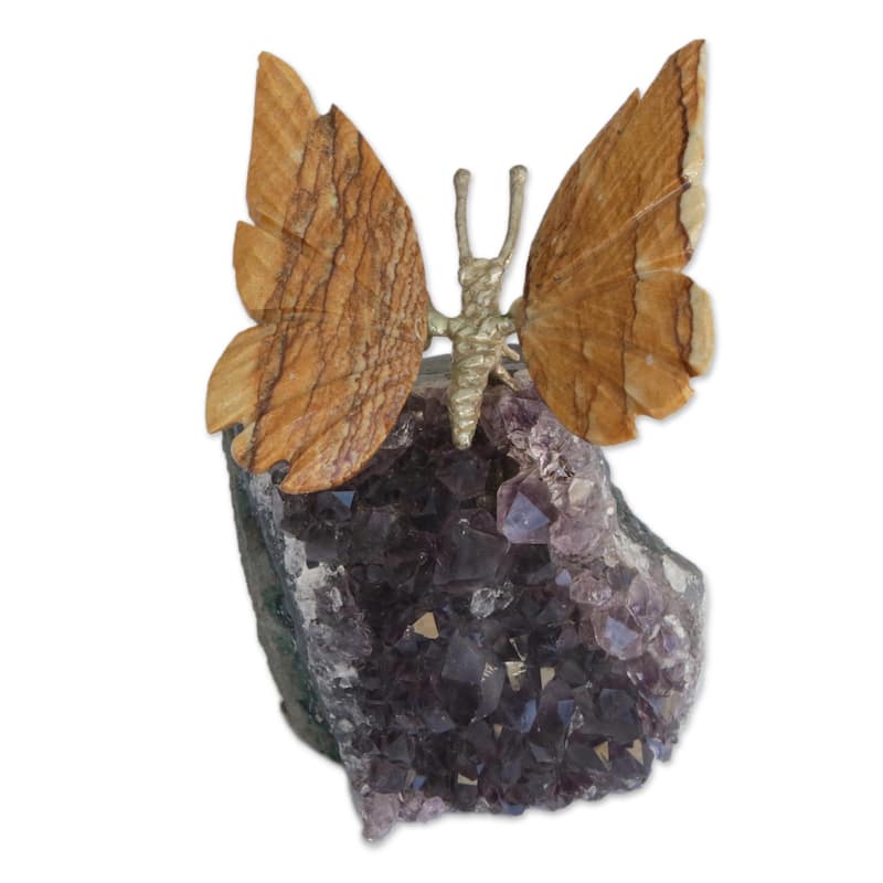 NOVICA Handmade Earthen Wings Jasper And Amethyst Gemstone Figurine (Brazil) - 3.1" H x 2.8" W x 2" D