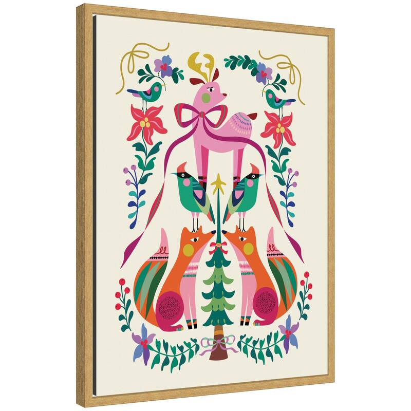 Kate and Laurel Sylvie Framed Canvas Winter Woodland Animals Christmas Tree by Rachel Lee - Yellow