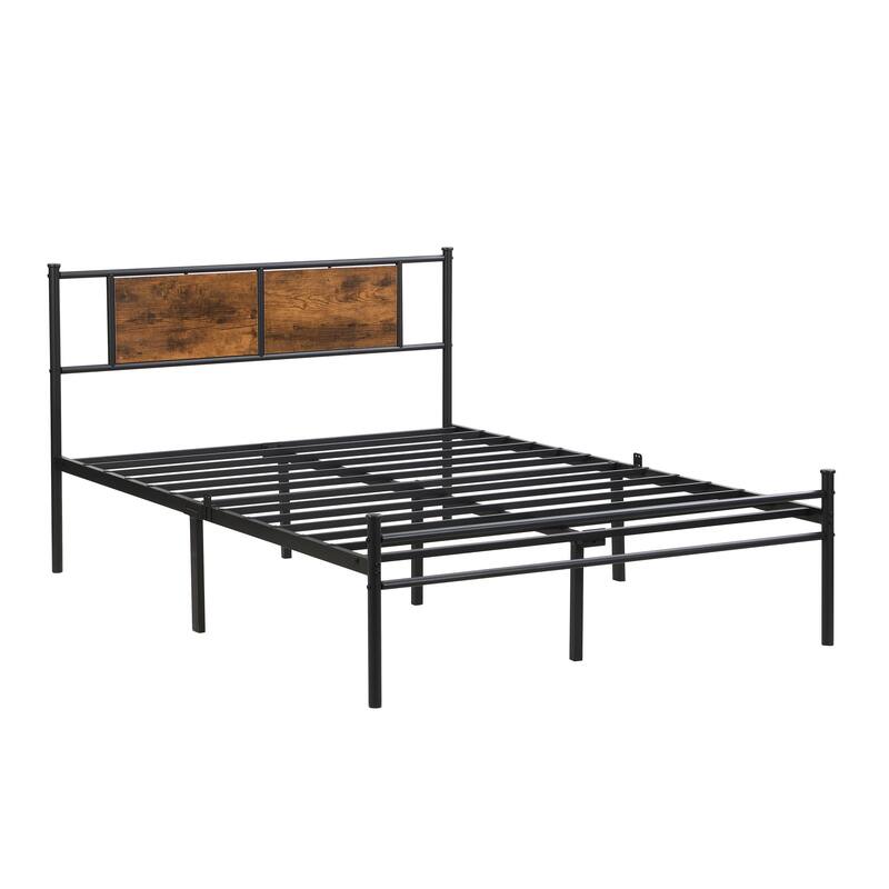 Metal Platform Bed Frame with Headboard and Wood Panel Decoration, Twin, Full, and Queen Sizes Bedroom Furniture