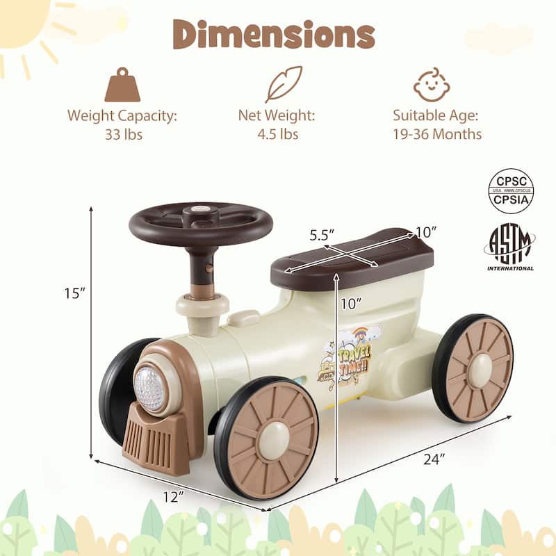 Kids Ride On Sliding Car with Steering Wheel Sound and Under Seat Storage Foot to Floor Push Toy Vehicle for Toddlers