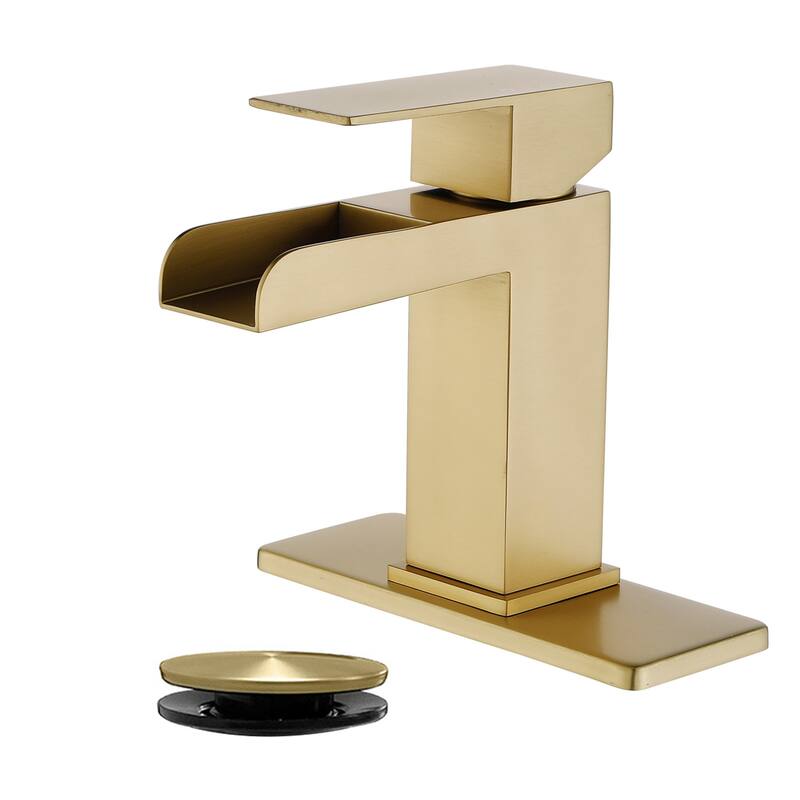Waterfall Single Handle Bathroom Sink Faucet with Pop-up Drain 304 Stainless Steel 1 Hole Basin Vanity Taps - Brushed Gold