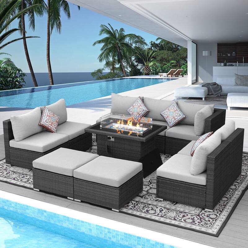FINCATI 10-piece High Back Oversized Patio Furniture Conversation Set Outdoor Sectional Sofa with Fire Pit Table