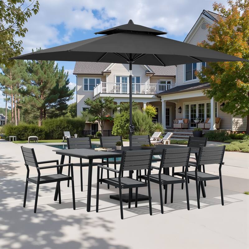 11-Piece Patio Dining Set w/10 ft Umbrella and Base, Rectangle Aluminum Table and 8 Stackable Chairs - Grey Table with Black Umbrella