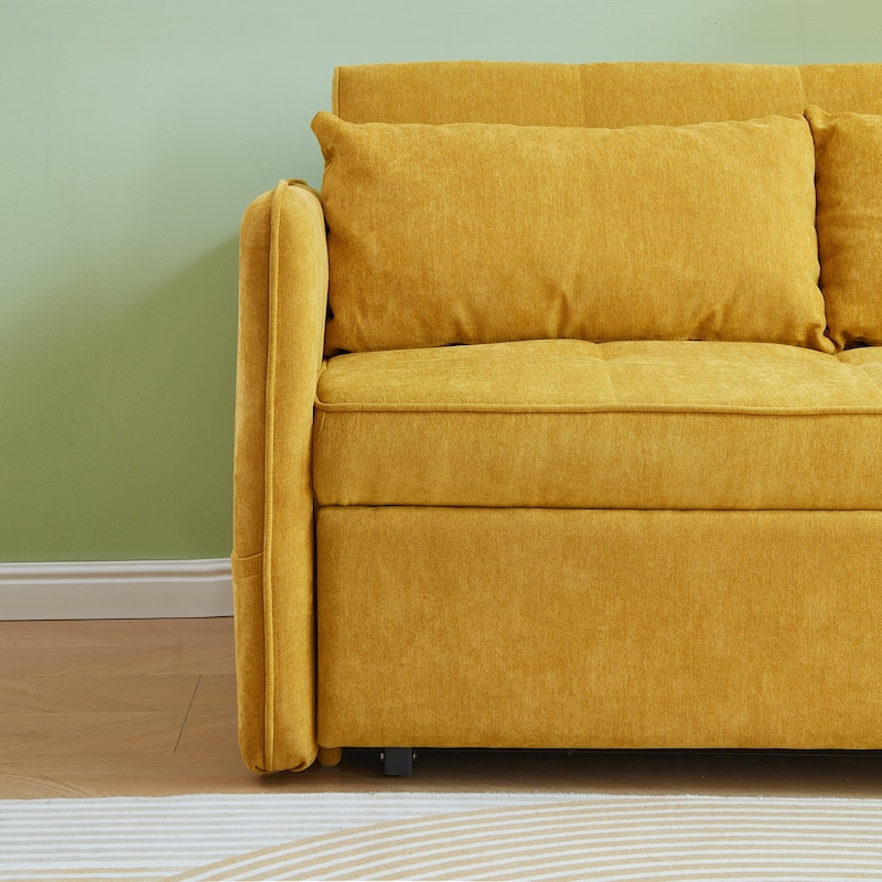 3 in 1 Convertible Sleeper Sofa Bed, Small Sofa with Side Pockets and 2 Pillows, Chenille Loveseat with Adjustable Arms