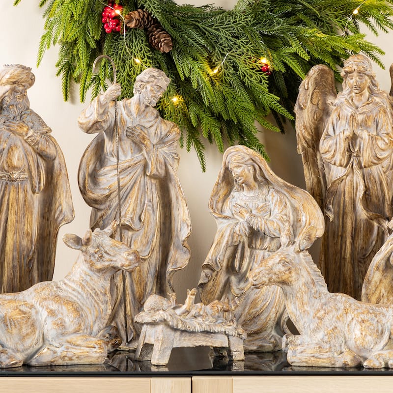 Glitzhome 10pcs 18.5"H Bronze/Ivory Resin Nativity Figurine Set