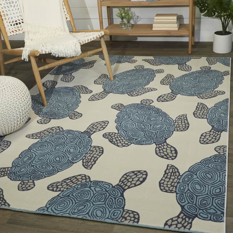 Swimming Sea Turtle Area Rug - 7'10" x 10' - Cream