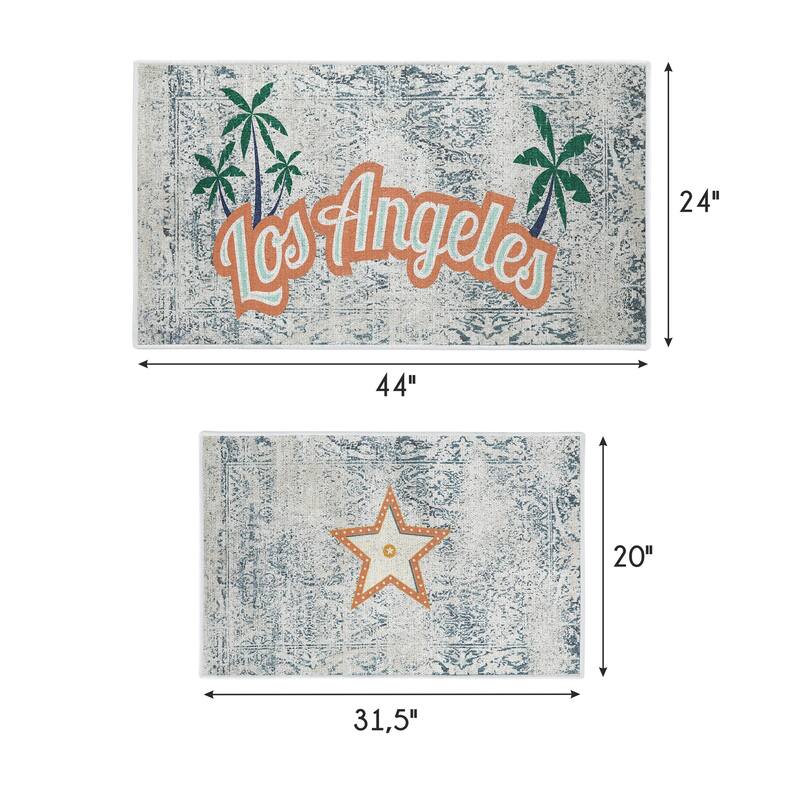 US States Design Non Skid Washable Kitchen Runner Rugs Set of 2 - Set of 44 x 24 and 31.5 x 20 Inches Low Pile Floor Mats