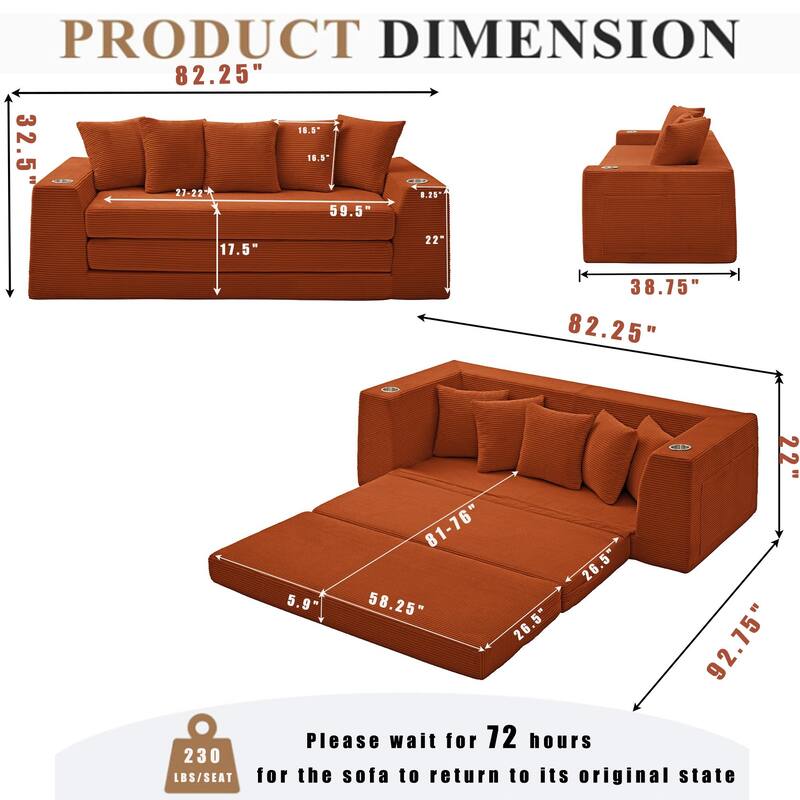 Modern Convertible Loveseat Sofa Bed, Corduroy Fabric Foldable Floor Couch w/5 Pillows, Side Pockets & Cup Holders, No Assembly
