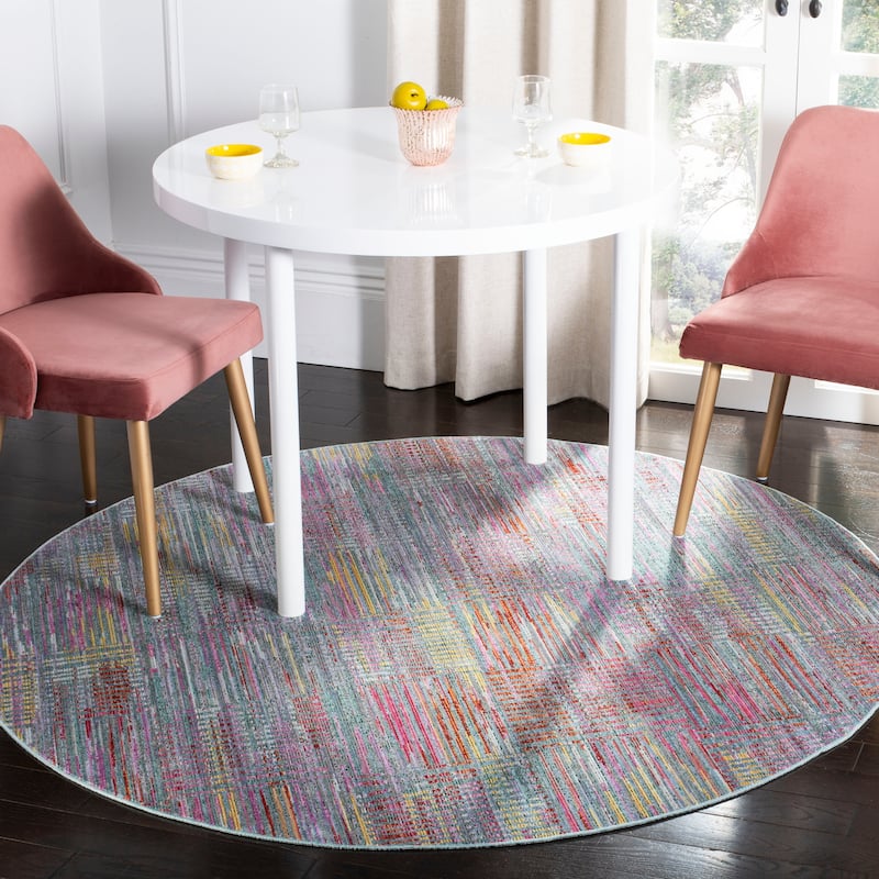 SAFAVIEH Windsor Yousra Shabby Chic Oriental Polyester Rug with - 6' Round - Aqua/Dark Pink