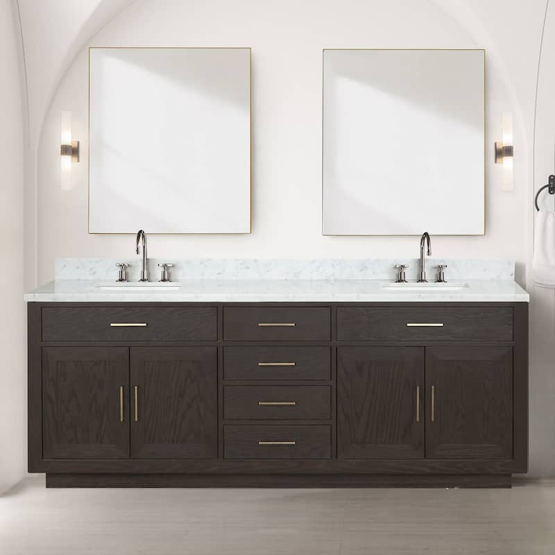 Lexora Abbey Bath Vanity, Carrara Marble Top, Faucet Set, and Mirror - 84 Inch - Brown Oak