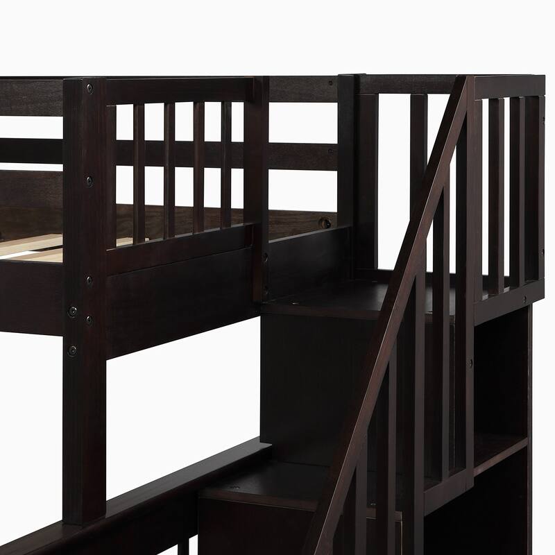 Twin Over Full Size Wood Bunk Bed with Twin size Trundle, Stairway, Storage and Guard Rail