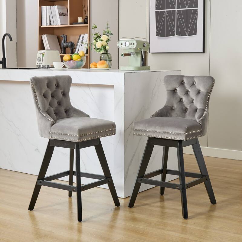 Swivel Bar Stools Set of 2, Velvet Counter Height Barstools with Wooden Legs, Kitchen Island Chairs with Button Backrest