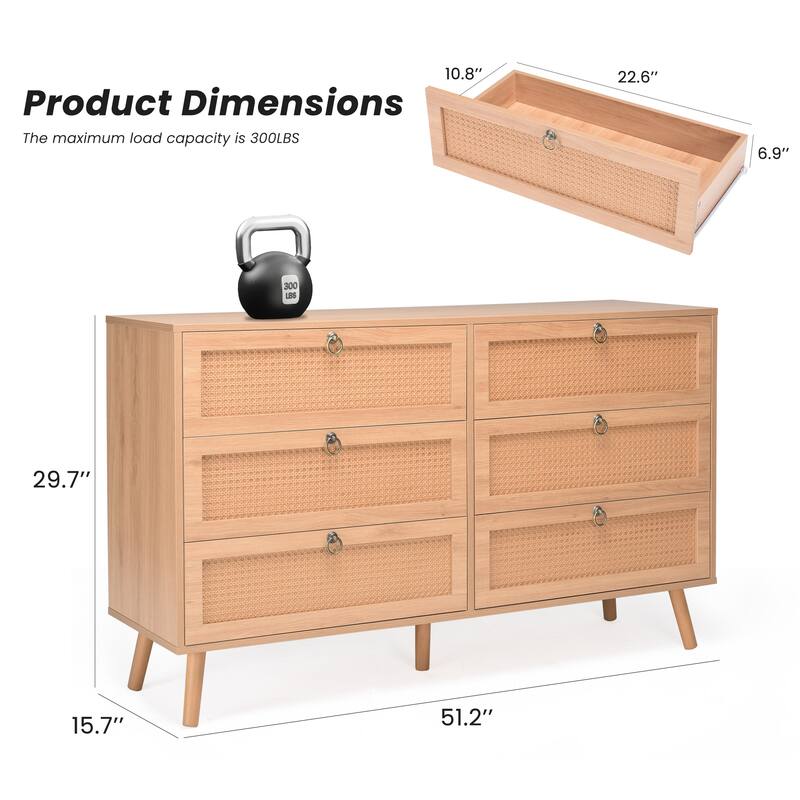 Rattan 6 Drawer Double Dresser for Bedroom, Chest of Dressers, Modern Dresser Drawer Chest