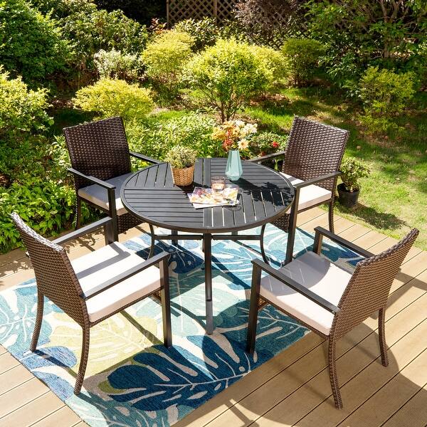 5Piece Patio Dining Set of 4 Padded Rattan Chairs and 1 Chic Metal