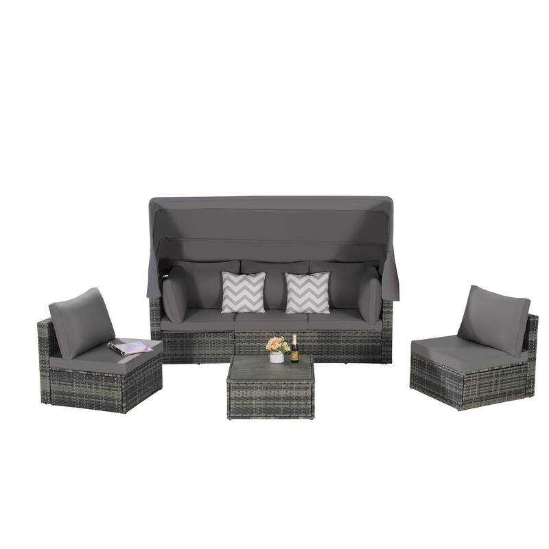 5-Piece Outdoor Patio Wicker Daybed Set with Retractable Canopy, Storable Table