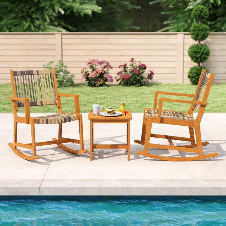 3 Piece Brown and Grey Rattan Wood Rocking Chair Set with Side Table Outdoor - Chair: 33" x 24" x 35.5"
