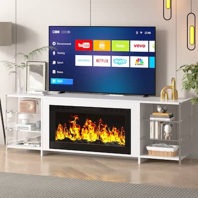 VECELO 70" Rustic TV Stand without/with Fireplace Heater(2 Options),Media Entertainment Center Table with Storage Shelves