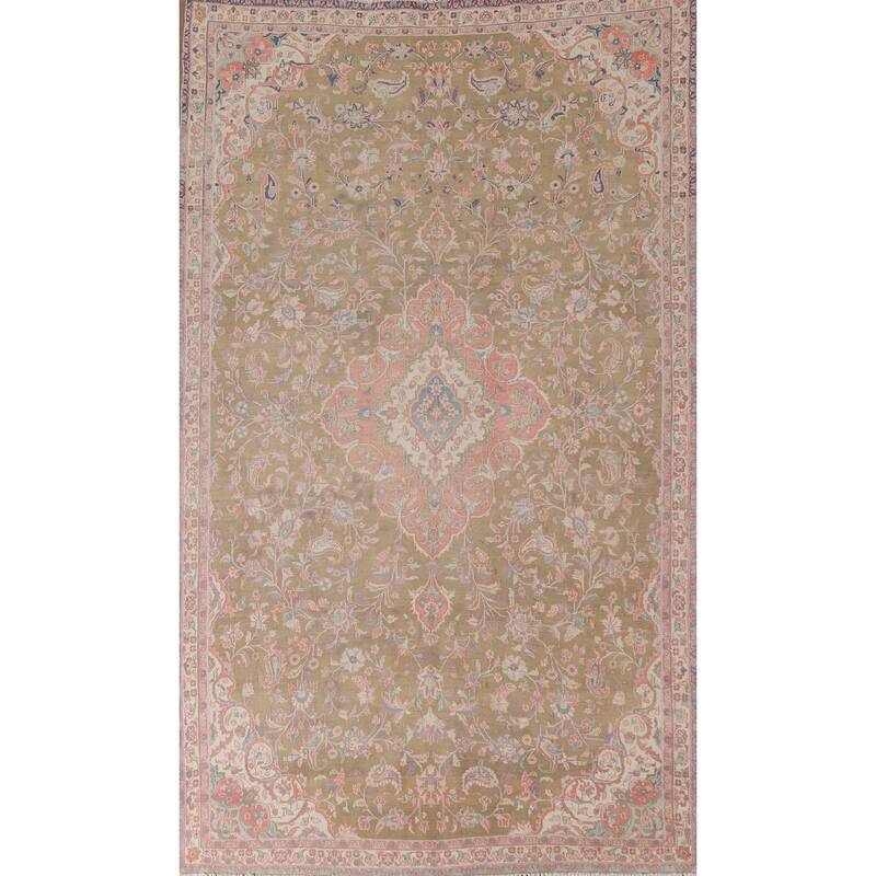 Hand Knotted Oriental 100% Wool Carpet Traditional Floral Green Mashad Area Rug - 9' 7'' X 6' 0''