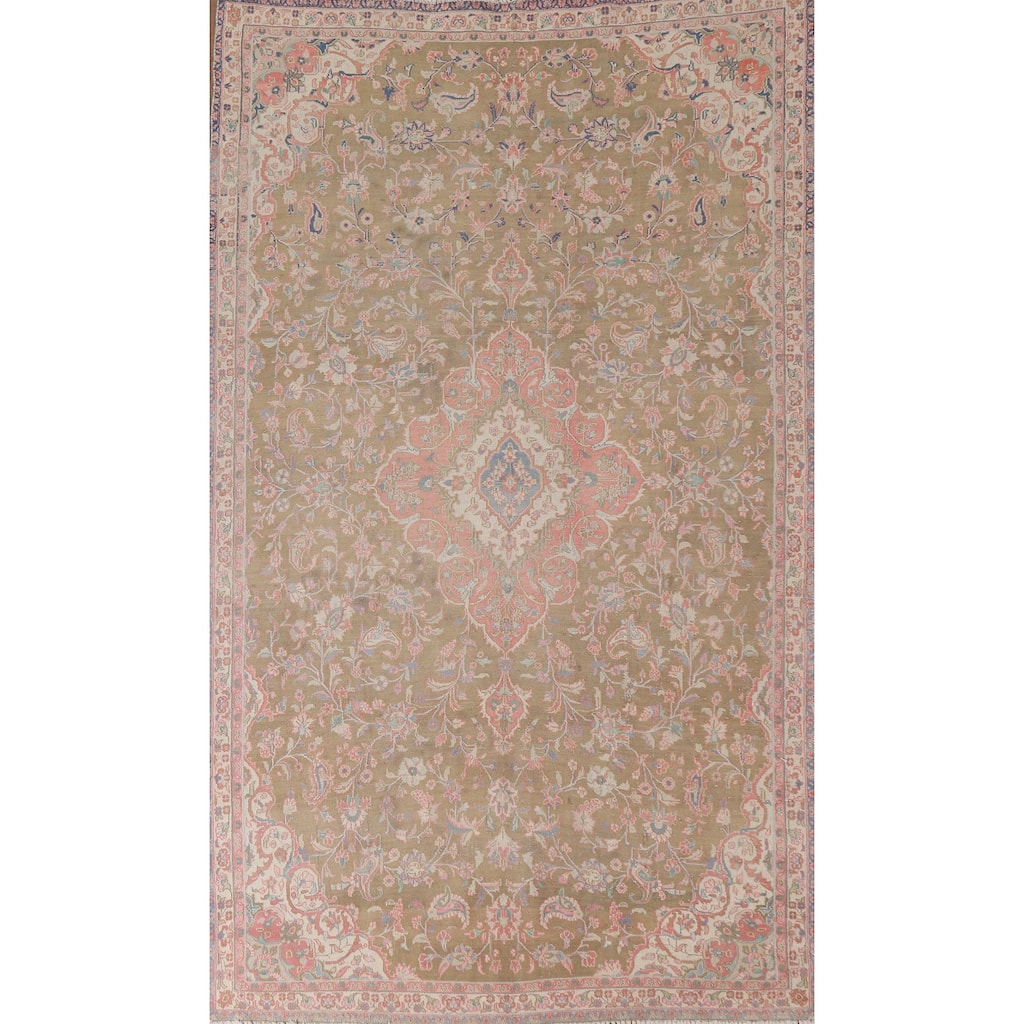 Hand Knotted Oriental 100% Wool Carpet Traditional Floral Green Mashad Area Rug - 9' 7'' X 6' 0''
