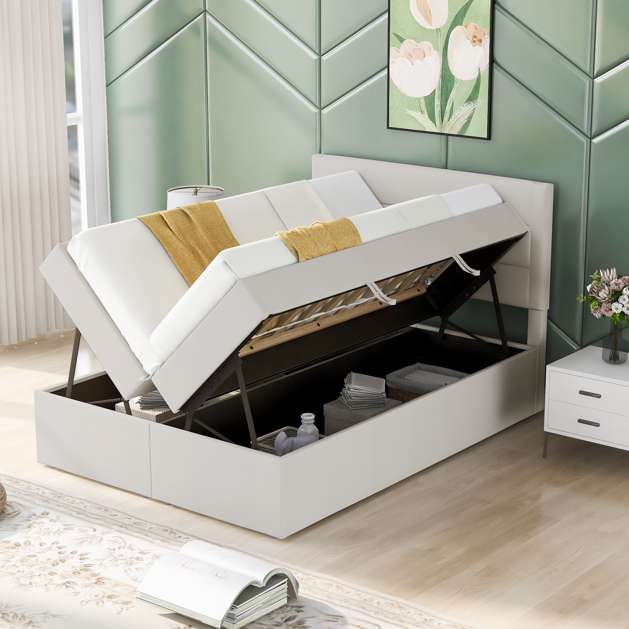 Comfortable Upholstered Platform Bed with 2 Storage Underneath