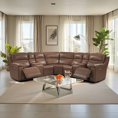 121" W Premium Genuine Leather Dual-Power Sectional Sofa with Console, Zero Gravity, Adjustable Headrest