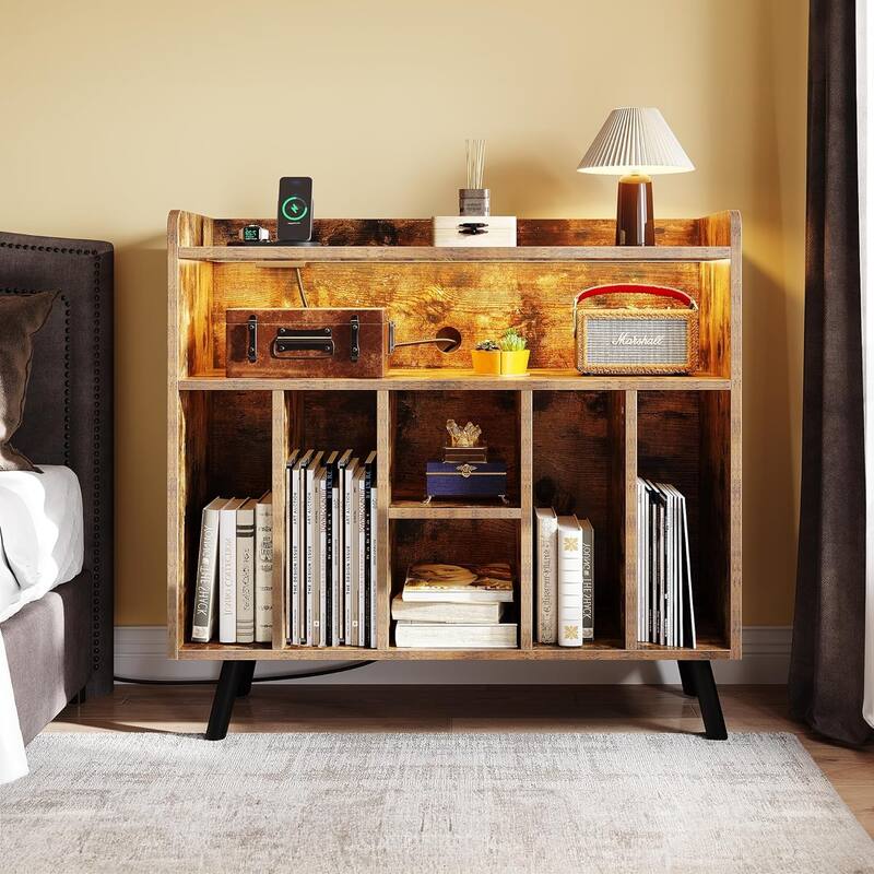 Moasis Record Player Stand, Vinyl Record Storage with Power Outlets and LED Lights, Holds Up to 130 Albums