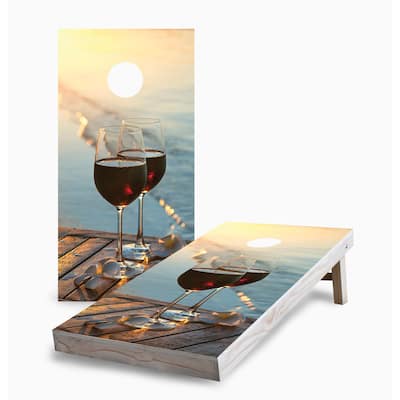 Sunset Red Wine on the Beach Corn Hole Board Set with Carry Case