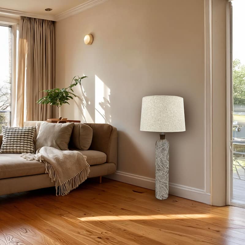 Brown 38 Inch Textured Resin Floor Lamp with Neutral Linen Drum Light