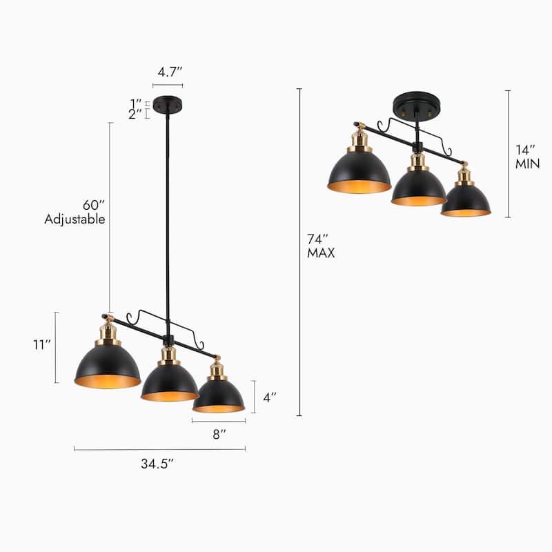 Modern 3-Light Black Gold Linear Chandelier Bowl Metal Kitchen Island Pendant Lighting for Dining Room - 34.5"L x 8"W x 11"H