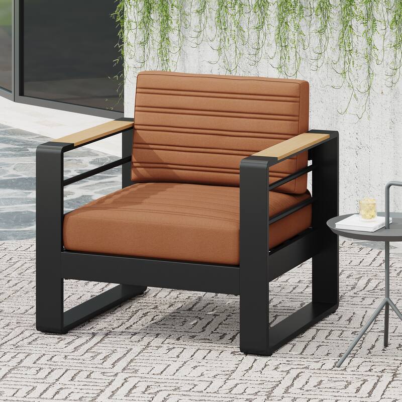 Roomfitters Modern Outdoor Club Chair with Slatted Metal Frame, Weather-Resistant Cushions and Wooden Armrests