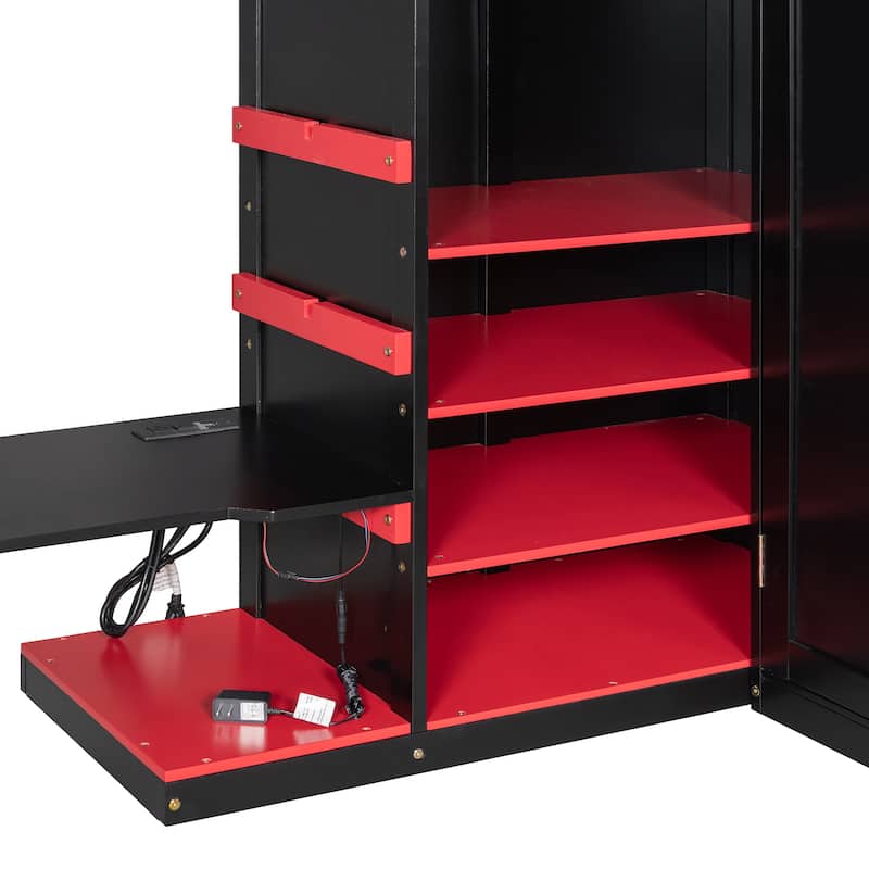 All-in-one Esports Gaming & Work Loft Bed with Adjustable Desk, LED, Charging Station, Pegboard, Storage Shelves and Wardrobe